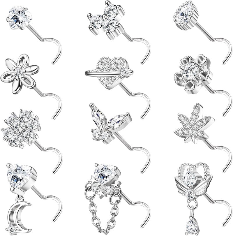 Sanfenly 12 PCS 20G Nose Rings Surgical Stainless Steel, L Shaped Nose Studs for Women Men, CZ Heart Butterfly Flower Leaf Moon Dangle Cute Nose Piercings Studs Screw Jewelry Pink/Purple/Blue/Clear - Image 1